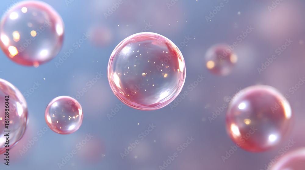 Poster a close-up view of translucent bubbles floating in pastel colors, representing purity and lightness 