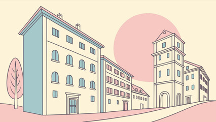 Naklejka premium Illustration of european city buildings architecture landscape drawing with tower and houses design vector art