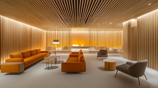 Modern waiting room interior with orange sofas, wooden paneling, and soft lighting creating a calming atmosphere