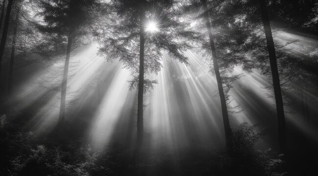 Sunbeams pierce a misty forest