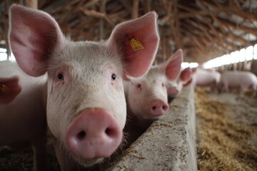 Farming hogs in a rustic barn setting with realistic depictions of pigs thriving in a pig farm environment