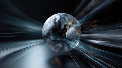 Abstract planet Earth in space, with a speed motion blur effect. Space travel concept. Dark background with light rays and glow effects. Futuristic sci-fi style,  stock photo. 
