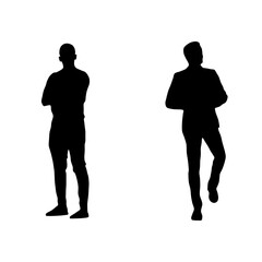 Set of Male Silhouettes in Various Poses on White Background. Vector illustration of two male silhouettes in different standing poses. Black solid figures isolated on white background.