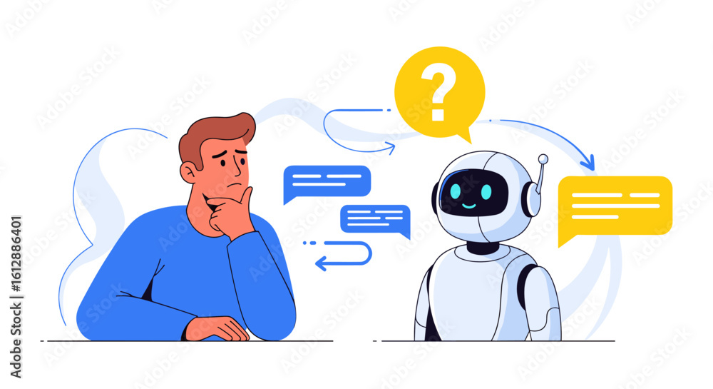 Poster an illustration depicts a man seeking answers from a friendly ai chatbot, symbolizing the intersecti