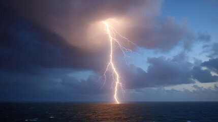 A dramatic lightning strike illuminates the darkening sky over the ocean, showcasing nature's raw power and beauty.