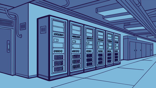 Data center server room illustration for it infrastructure and network technology solutions and cloud computing
