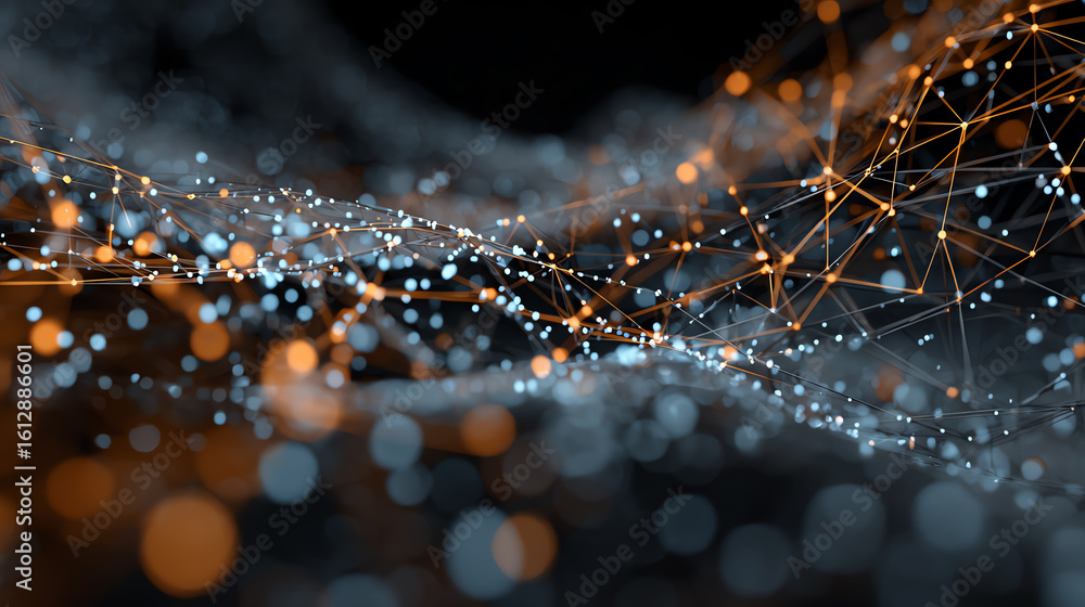 Poster a dynamic digital network of luminous particles, representing the flow of information and technology