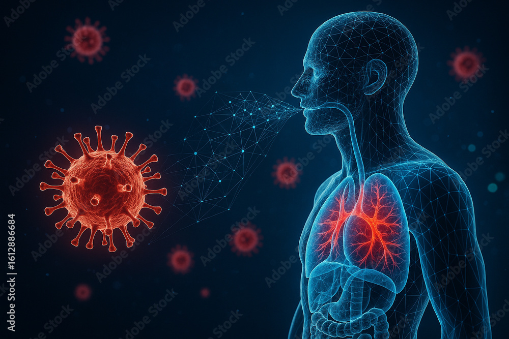 Poster ai generated wireframe human side profile showing respiratory system exhaling virus particles with d