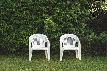 Two white plastic chairs in a grassy yard, backdrop of green hedge