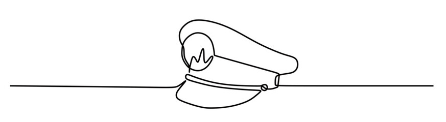 A continuous line drawing of a sea captain's hat.