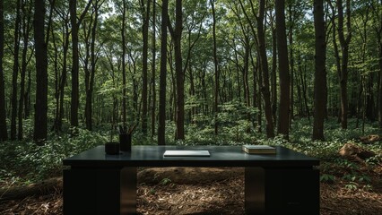 Tranquil forest workspace: a minimalist desk in a lush woodland setting