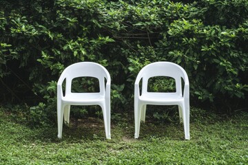 Two white plastic chairs in a grassy area, surrounded by greenery