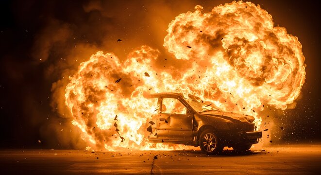 Fiery Car Explosion: Dramatic Nighttime Blaze, Intense Flames and Debris