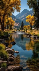 Scenic view of a serene river surrounded by vibrant autumn trees in a mountainous landscape during a sunny day