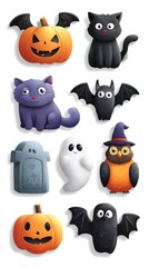 Colorful Halloween decorations featuring playful cats, bats, pumpkins, and spooky characters on a white background for festive celebrations