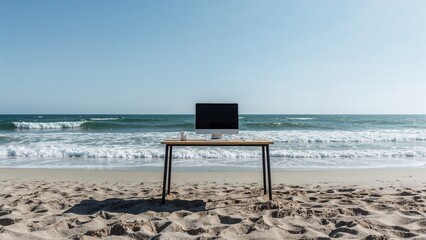 Remote work paradise: modern desk setup on scenic beach with ocean view