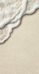 Frothy wave gently washes over smooth sand. The creamy white foam contrasts with the beige shore in this overhead view showcasing textures and natural patterns