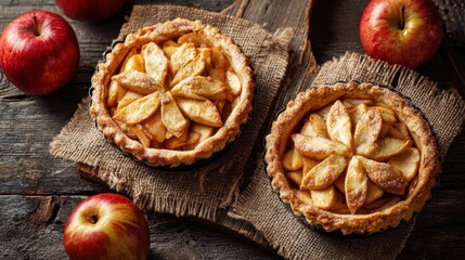 Two beautifully baked apple pies with decorative crusts sit on a textured burlap fabric. Fresh red apples surround the pies, creating a warm, inviting atmosphere perfect for dessert.