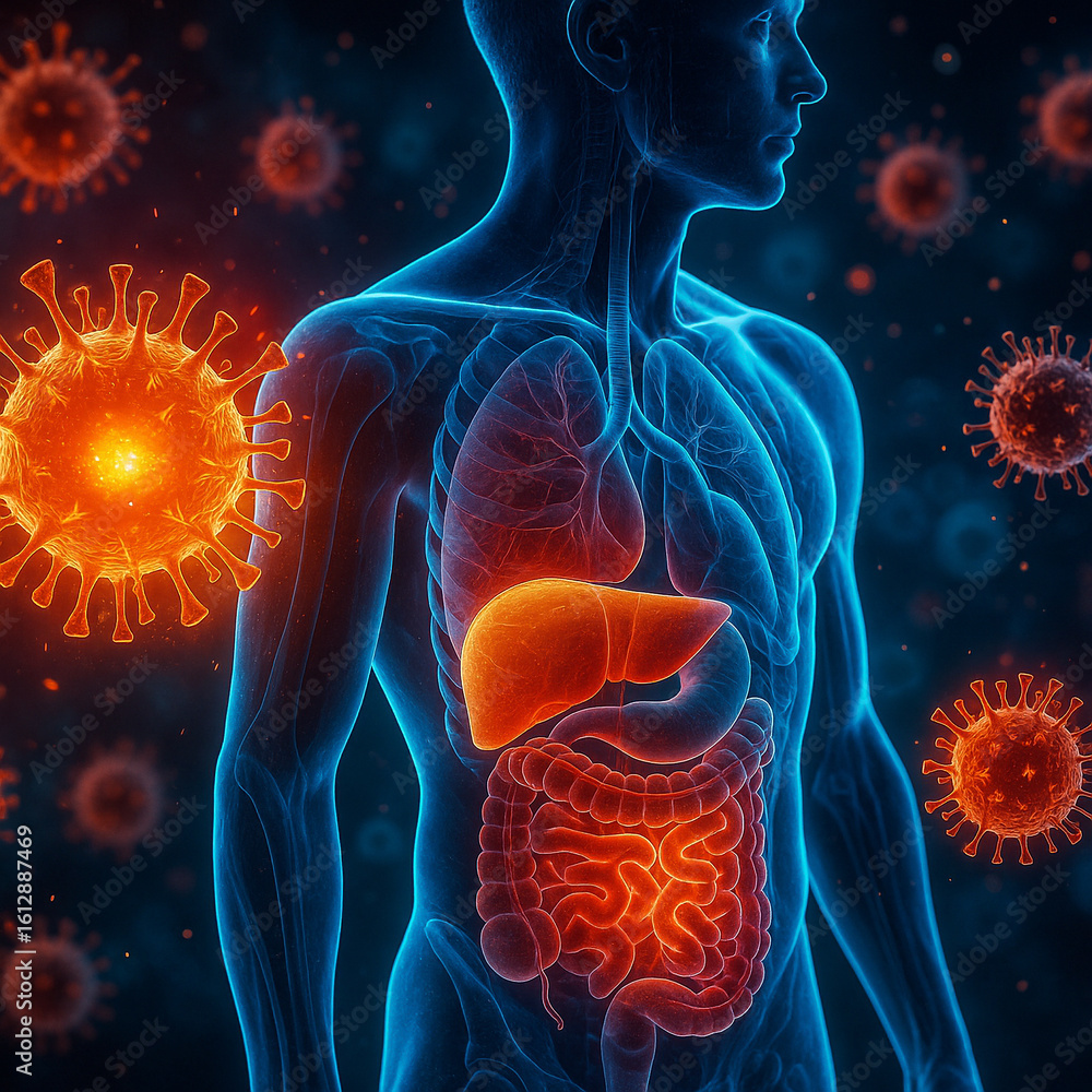 Poster ai generated sci-fi style rendering of male body showing internal organs like liver lung and intesti