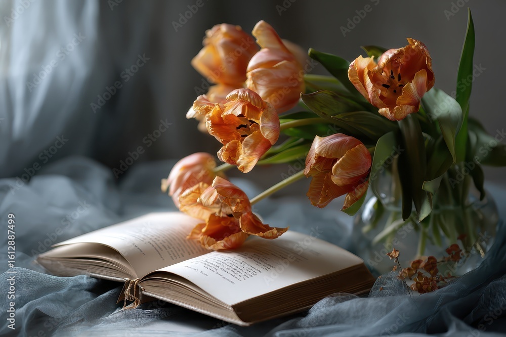 Aufkleber open book resting on soft fabric with vibrant orange tulip flowers, creating a serene and inviting r