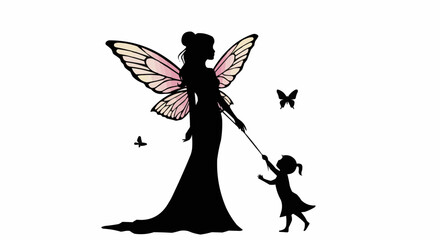 A fairy, silhouette image holding a magic wand, interacting with child silhouette.