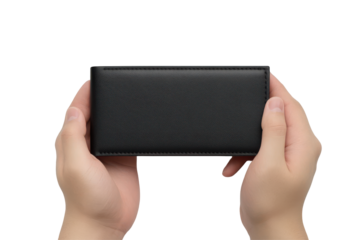Hands holding a textured black wallet isolated on transparent background. Empty black wallet in male hands isolated on white background.
