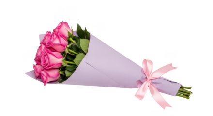 A beautiful bouquet of fresh pink roses elegantly wrapped in white paper and tied with a delicate pink ribbon isolated on transparent background