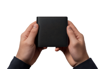 Hands holding a textured black wallet isolated on transparent background. Empty black wallet in male hands isolated on white background.