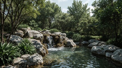 Serene natural waterfall in lush forest setting with rocks and clear pool