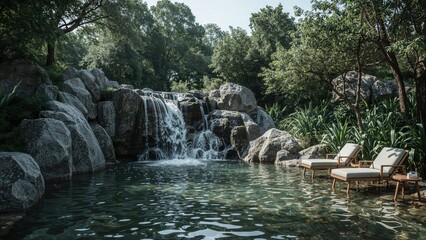 Serene waterfall retreat with lounge chairs in lush natural setting