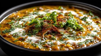 Fototapeta premium A bowl of flavorful lentil dal is topped with cream and fresh herbs. This image can illustrate Indian cuisine, vegan recipes, and comfort food.