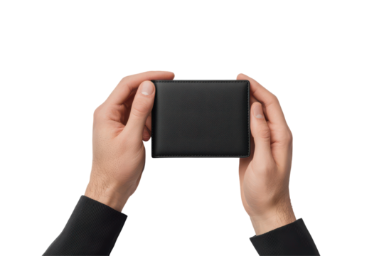 Hands holding a textured black wallet isolated on transparent background. Empty black wallet in male hands isolated on white background.