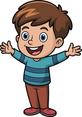 Cartoon boy smiling, open arms pose, cute child character, striped shirt and brown pants, playful illustration, isolated white background