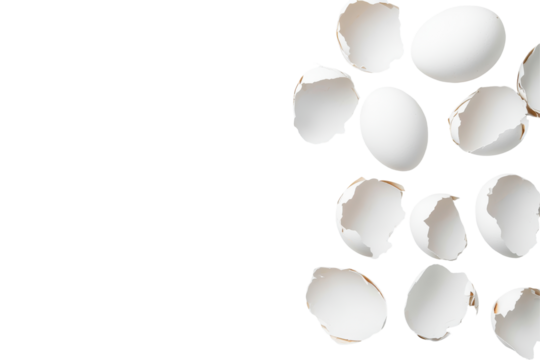 Broken eggshell halves isolated on transparent background. Empty broken egg shell isolated on white background.