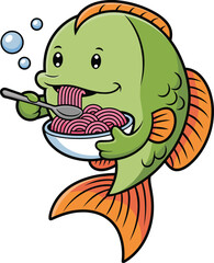 Cartoon green fish eating noodles with spoon underwater, fun food illustration, bubbles, orange fins, aquatic humor, cute vector art