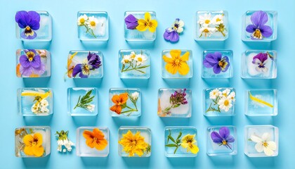 Obraz premium Colorful flowers in ice cubes on blue background