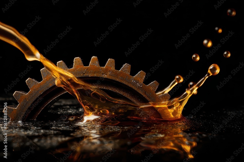 Poster close up of a rusted gear splashing oil in a dark environment showcasing intricate details and motio