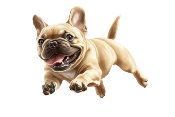 Happy french bulldog puppy running forward isolated on transparent background. Energetic french bulldog puppy with a beige coat and expressive face running playfully isolated on white background.