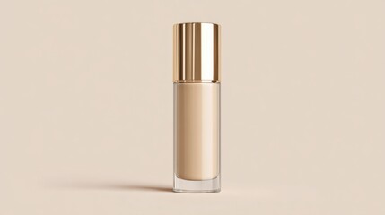 This liquid foundation features a sleek glass bottle with a shining golden cap. It is displayed against a soft, neutral-colored background, showcasing its elegant design.