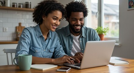 Couple using laptop at home