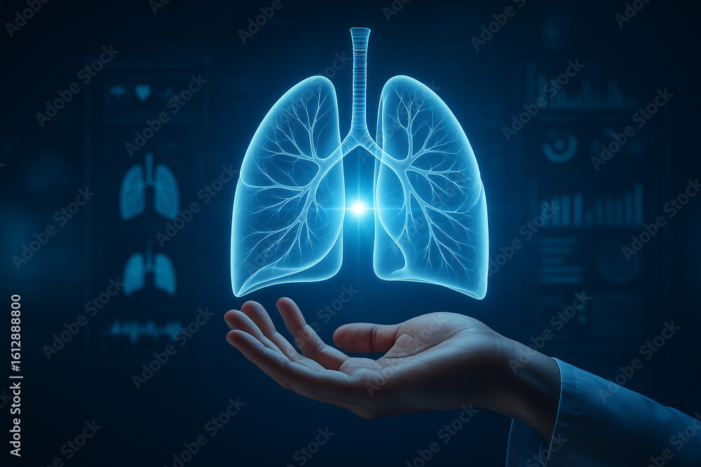 Poster ai generated digital illustration of glowing holographic lungs floating above a doctorโ€s hand with
