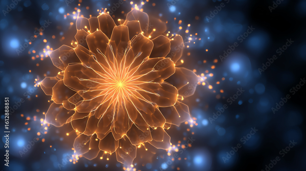Poster a stunning abstract flower design with glowing petals, creating a mesmerizing visual effect against 