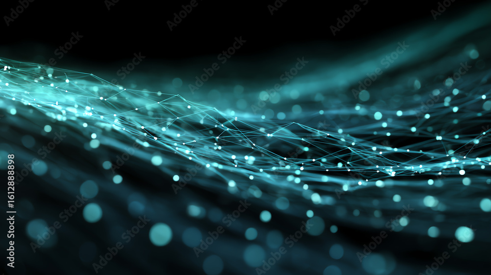 Poster a stunning abstract representation of digital waves with glowing particles, conveying motion and inn