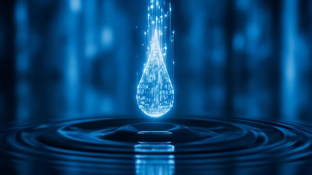 An Abstract Image of a Single, Perfect Droplet of Glowing, Liquid Blue Data