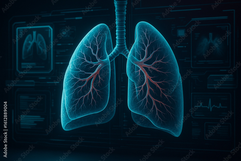 Poster ai generated hyper realistic 3d visualization of human lungs with glowing vascular system in digital