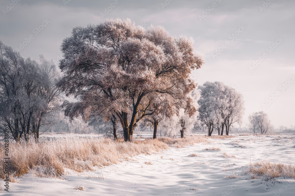 Poster winter landscape featuring snow-covered trees and a serene path winding through the frosted field at