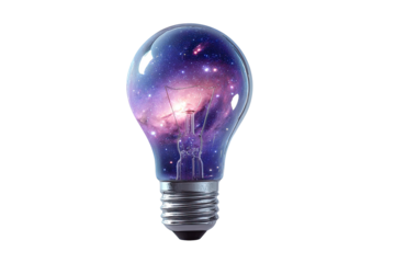 A lightbulb, seemingly containing the cosmos.  A transparent bulb, filled with swirling, vibrant nebulae and stars.  Classic lightbulb form