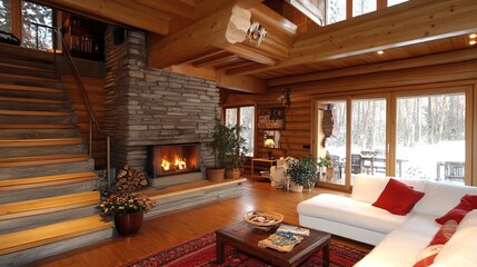 Cozy log cabin interior with fireplace, stairs, and large windows looking onto a snowy landscape. Warm atmosphere