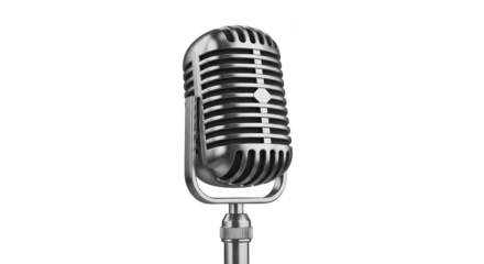 Classic vintage silver microphone with a retro design on a stand isolated on transparent background for audio recording and broadcasting