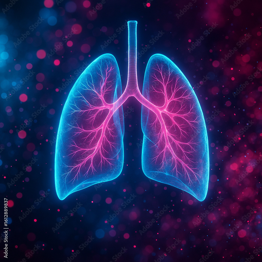 Poster ai generated ultra detailed holographic human lungs with neon pink and blue glow floating in abstrac